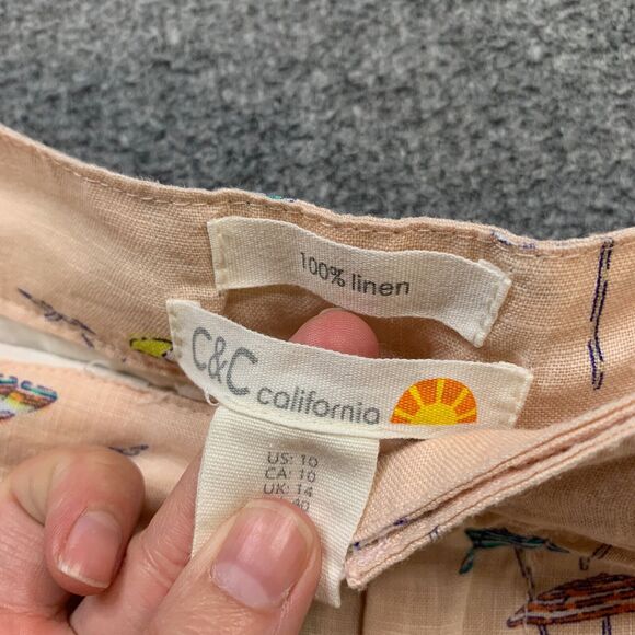 C&C California Shorts Womens 10 Light Peach Multi Linen Beach Umbrella Print - Picture 6 of 12